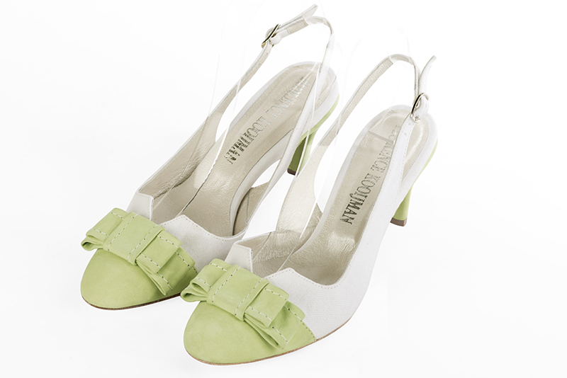 Meadow green and pure white women's open back shoes, with a knot. Round toe. Medium slim heel. Front view - Florence KOOIJMAN